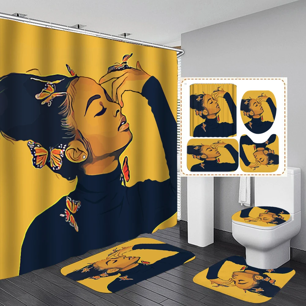 

Yellow African Female Dancer Shower Curtain Butterfly Girl Non-Slip Rugs Toilet Lid Cover and Bath Mat Bathroom Curtains Set