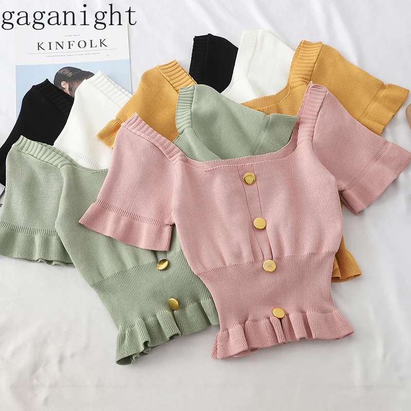 Gaganight женская футболка корейская мода короткий рукав милая однотонная короткая