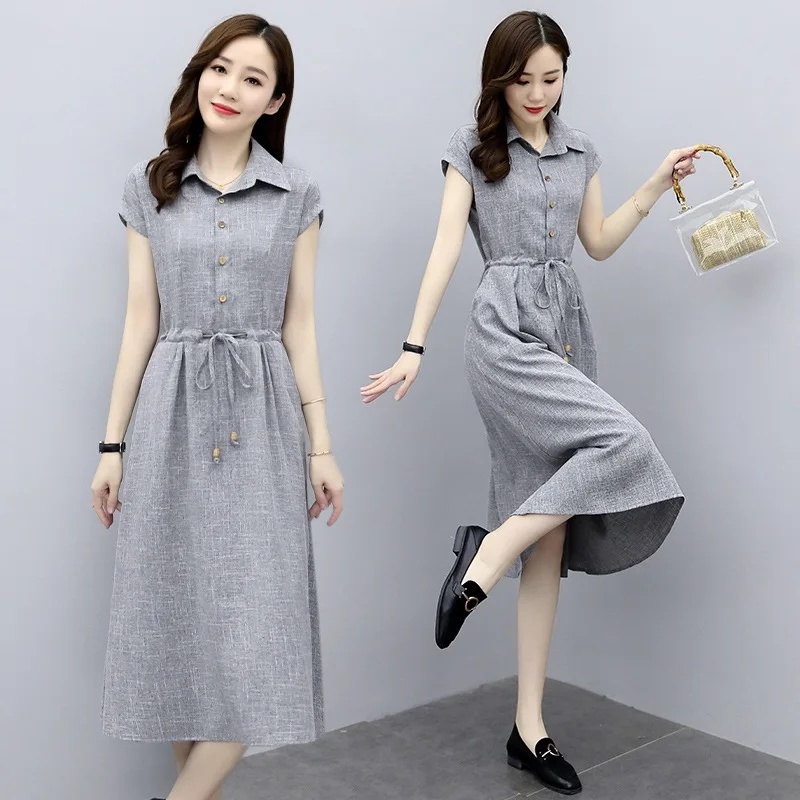 

Dresses for Women 2020 Summer New Elegant Dress Women's Short-Sleeved Midi Waist Hugging Lapel Solid Color Dress Vestidos