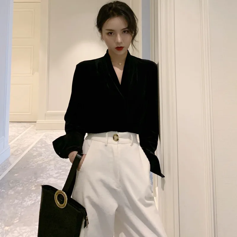 Винтажный Женский комплект из двух предметов с v образным вырезом черная