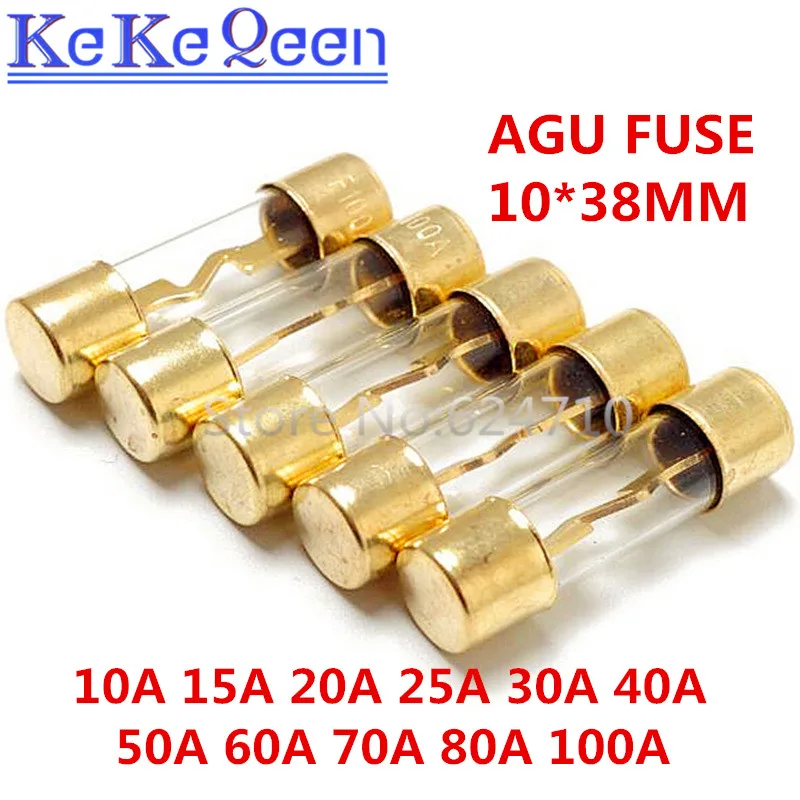 1PCS/LOT AGU 5AU FUSE 32V 10*38mm 10A 15A 20A 25A 30A 40A 50A 60A 70A 80A 100A Gold Plated Glass Car Audio Fuse