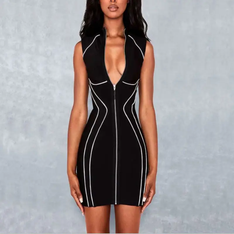 

2020 Fashion sexy Striped summer women bodycon dresses sheath Slim V-Neck celebrity evening club women's black bandage dress