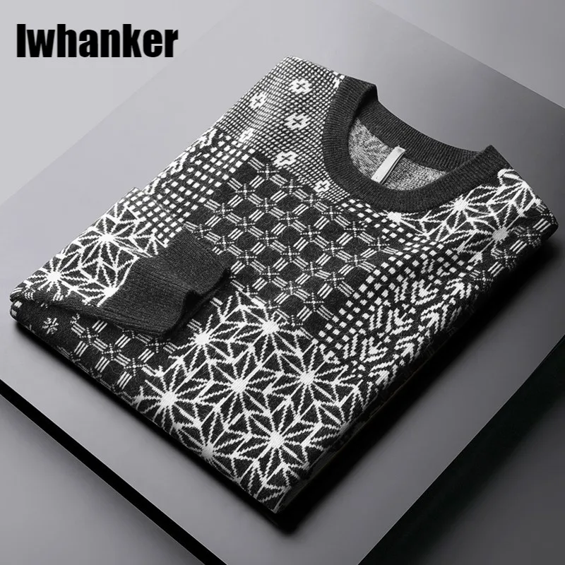 2021 Autumn Winter Mens Sweaters High Quality Round Collar Jacquard Thicken Male Sweaters Plus Size 5xl Slim Plaid Man Sweater