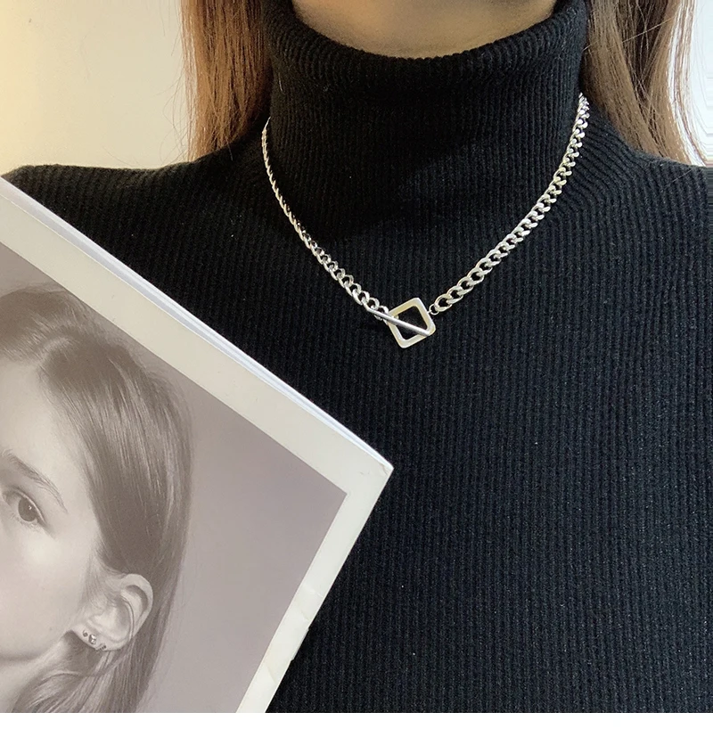 

Women Contrasting Color Necklace European and American Hip-Hop Punk Thick Chain Short Square OT Buckle Necklace Metal 2021