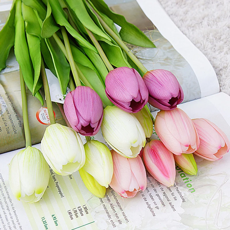 

5pcs/bunch Real Touch Pink Artificial Tulips Flowers Home Wedding Decoration Bouquet High Quality Luxury Silicone Fake Flowers