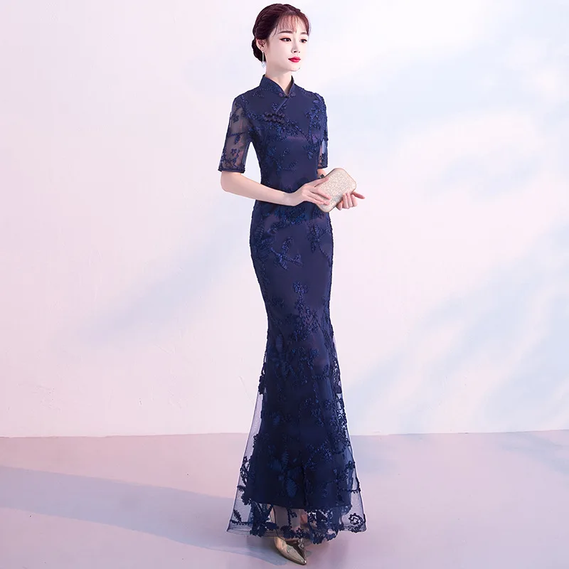 

Plus Size 3XL Chinese Style Lady Cheongsam Perspective Embroidery Flowers Qipao Skirt Elegant Mandarin Collar Evening Prom Gown