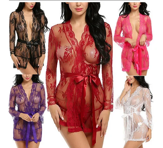 

Sexy Lace See Though Robes for Womens Mini Nightgowns Bathrobe Plus Size Bridesmaid Robes Lingerie Porno Sleepwear Underwear