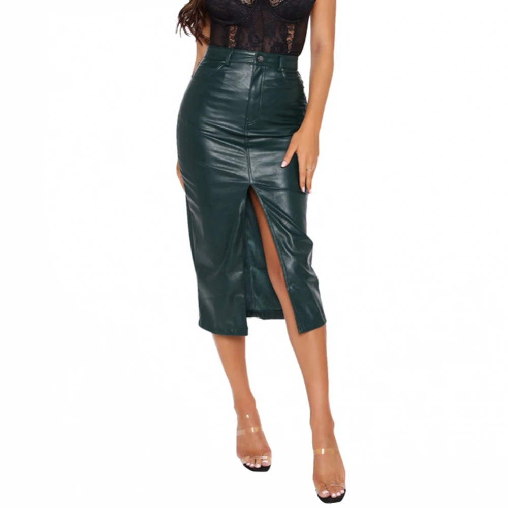 

Spring Autumn PU Leather Skirt Women 2022 New Midi Sexy High Waist Bodycon Split Skirt Office Pencil Skirt Knee Length Plus Size
