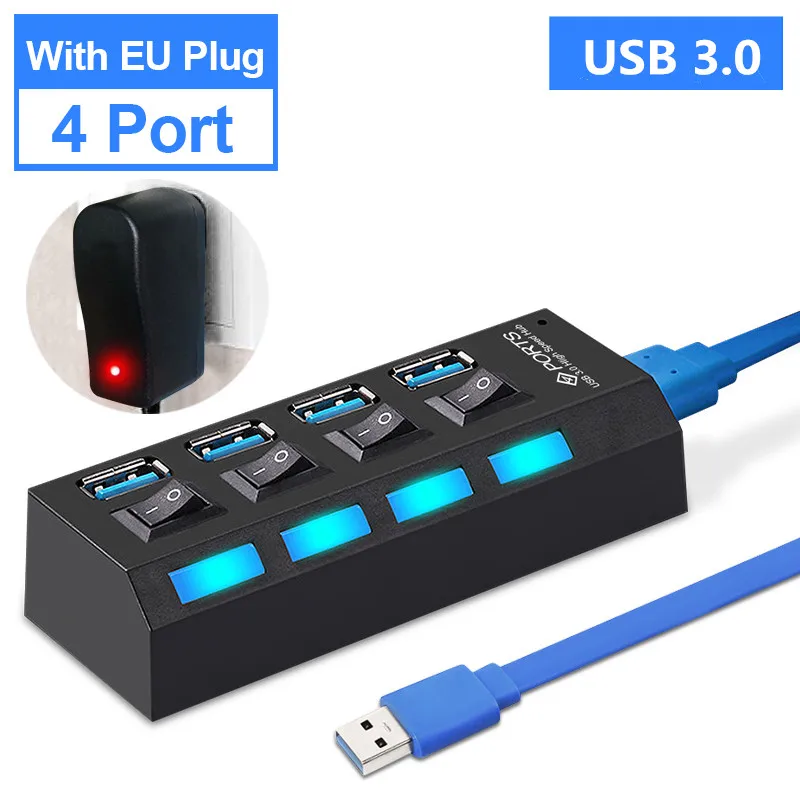 Мульти usb-хаб 3,0 USB разветвитель USB 3,0 концентратор адаптер портативный type C Hab 4 7 портов с переключателем ВКЛ/ВЫКЛ для ПК Компьютерные аксессуары - Цвет: Black 4 Port with EU