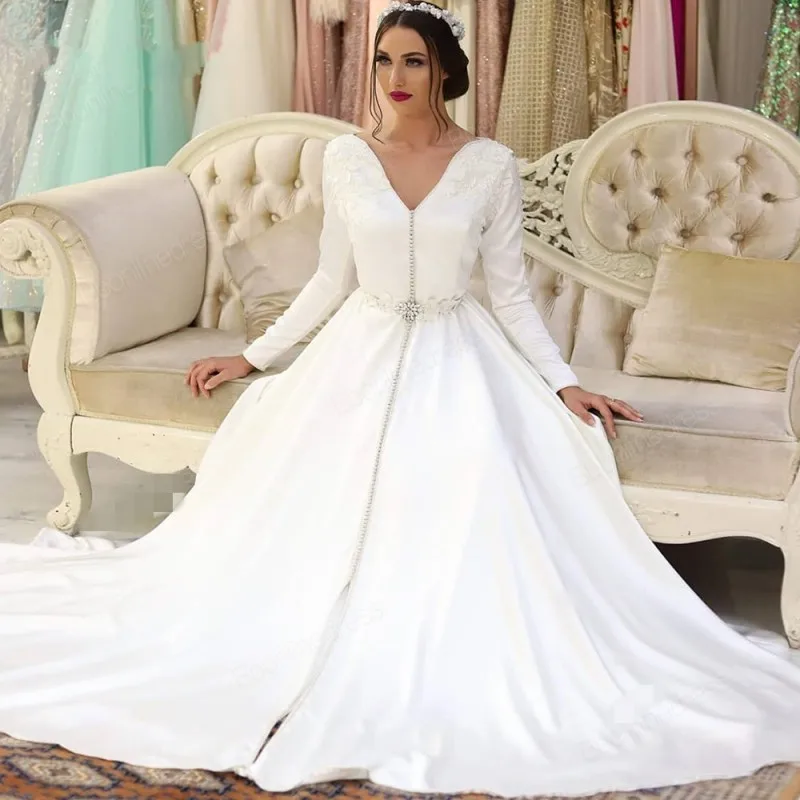 

2020 Moroccan Caftan Evening Party Gowns White Appliques Long Satin Formal Dress Full Sleeve Arabic Muslim vestidos de noiva