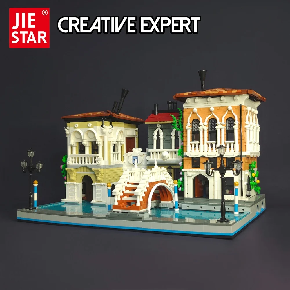 JIESTAR-bloques de construcci&oacute;n de casa Modular, juguete de ladrillos para armar peque&ntilde;a Venecia, vista a la calle, modelo de centro de jard&iacute;n, Ideas creativas expertas, Moc, 89122-0
