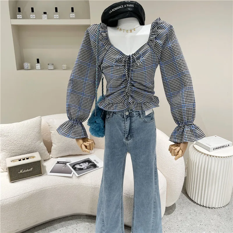 

Women's Spring Summer 2021 Niche Design Fashion Casual Retro Plaid Shirt Design Lace Up Shirt With Square Collar