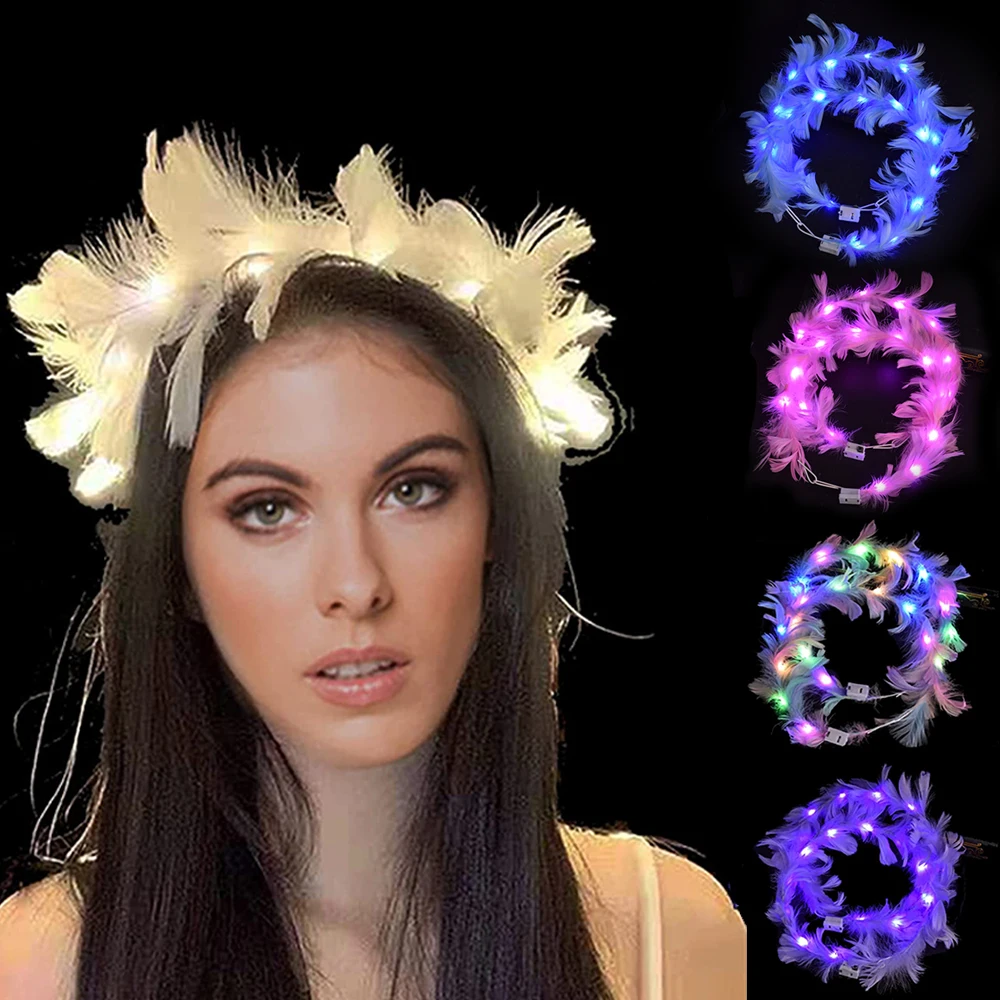 

LED Feather Wreath Headband Light-Up Angel Halo Headband Luminous Headdress for Women Girls Christmas Halloween Glow Party