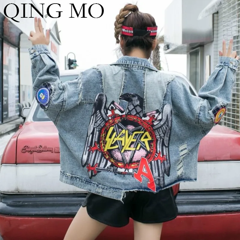 Женское джинсовое пальто QING MO клетчатое лоскутное с надписями и блестками