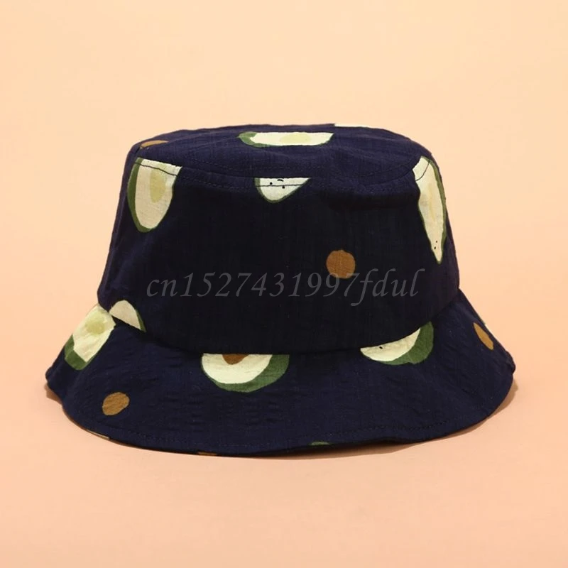 

Japanese Fresh Style Adult Kids Summer Cotton Bucket Hat Cute Colored Avocado Fruits Printed Wide Brim Sunscreen Fisherman Cap