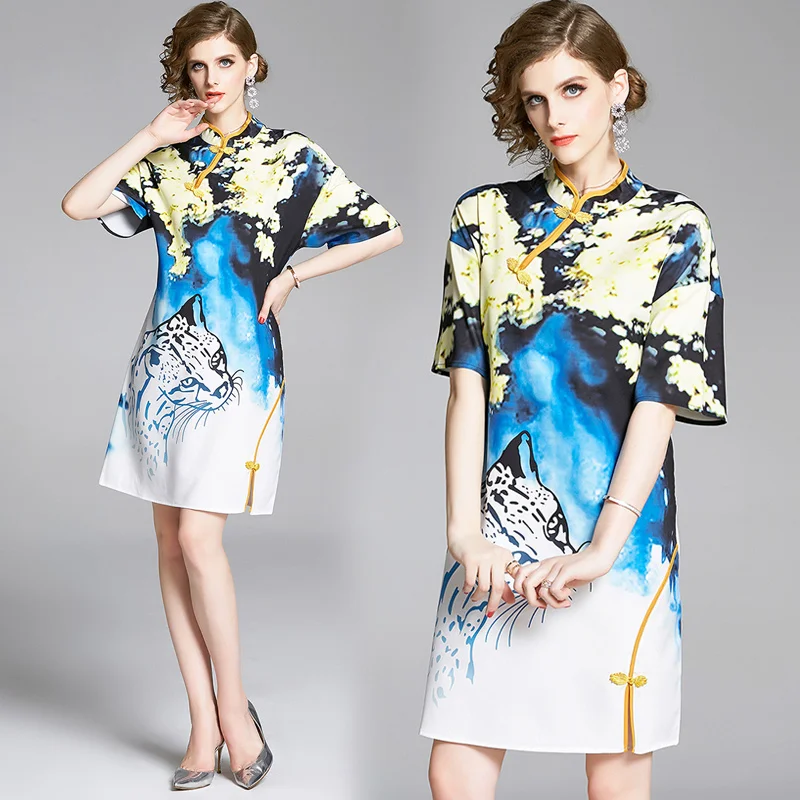 

Simgent China Style Womens Cheongsam Summer Fashion Casual Loose A Line Printing Dress Vestidos Jurken SG003261