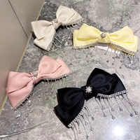 korean fabric bow hairpins super flash rhinestone tassel hair clips for women luxury jewelry wedding party hair accessories