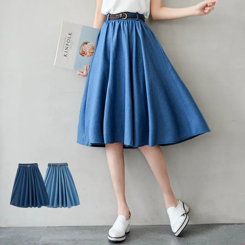 

High Waist midi Jean Skirt Women Elegant Midi Denim pleated skirt with belt korean style 2020 Summer Office Ladies Streetwear