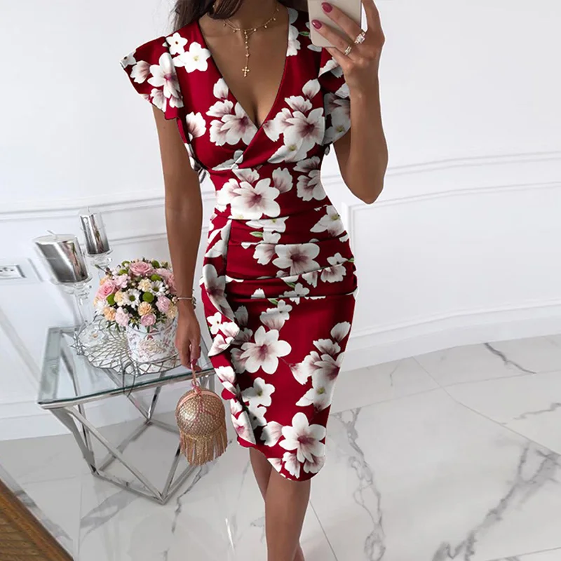 

Sexy V Neck Ruffle Summer Women Dress Vintage Print Slim Fit Bodycon Party Dress Fashion Butterfly Sleeve Office Lady Midi Dress