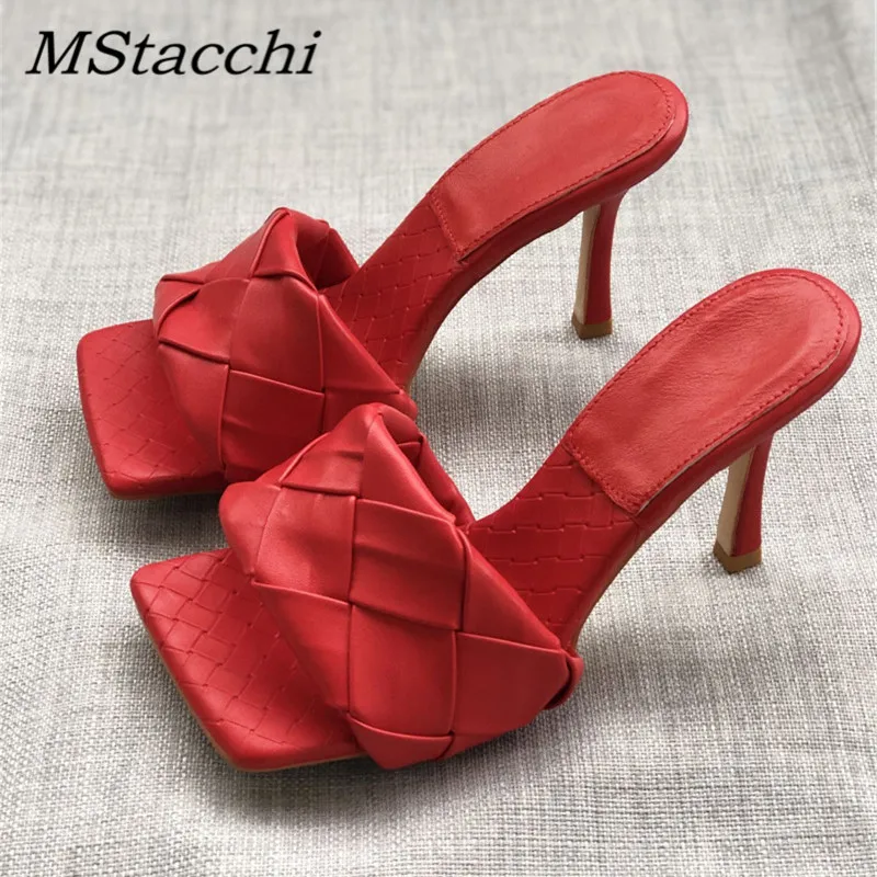 Женские тканые тапочки с квадратным носом босоножки без задника на высоком