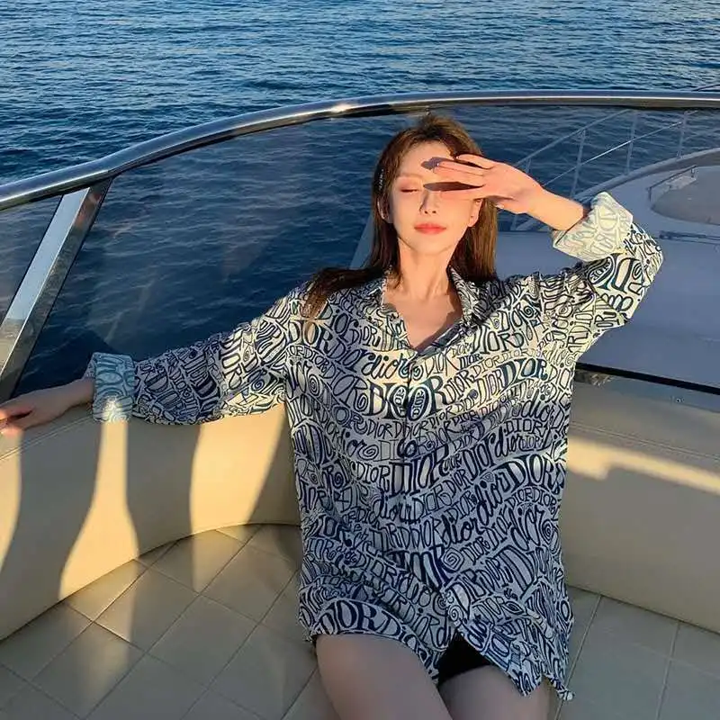 

2021 spring and autumn new personalized classic letter loose long sleeve Lapel shirt star Unisex top