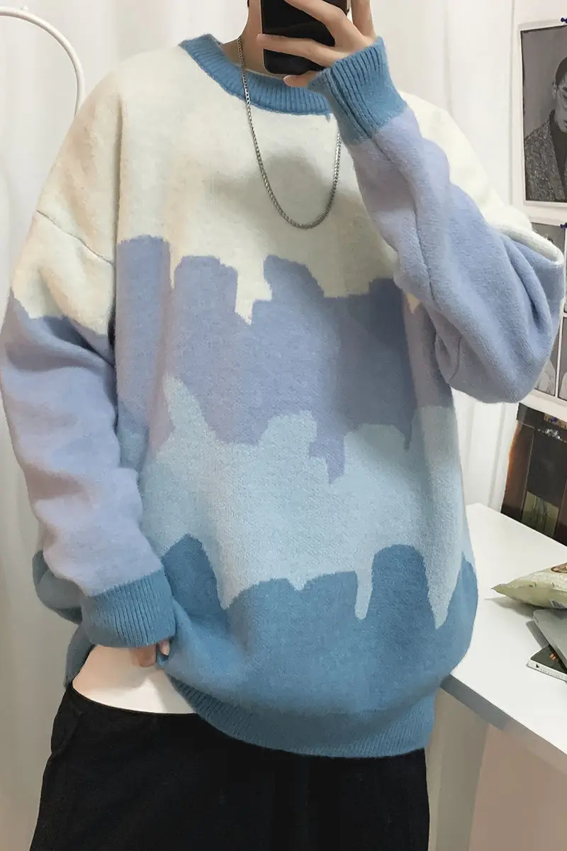 

2021 new Men's color contrast gradient stitching thread clothing street versatile sweater Smart Casual Preppy Style Kpop