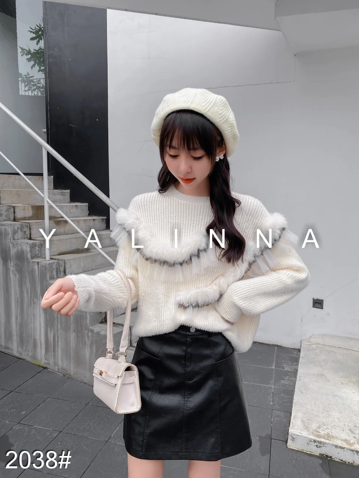 

Women's pullover sweater fashion all-match rabbit fur lace knitted sweater loose outer wear