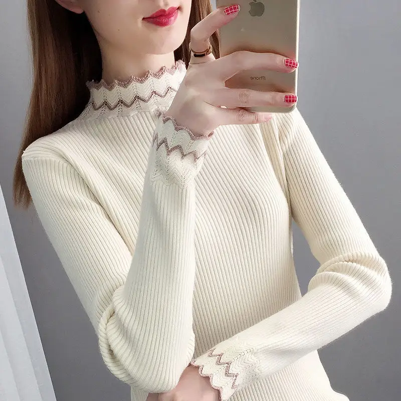 

[Add velvet/without velvet]Autumn and winter half turtleneck sweater women's long-sleeved winter slim new knitted bottoming