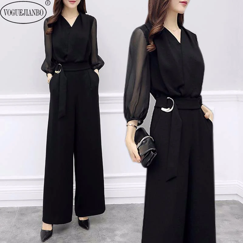 

2020 spring and summer new high waist chiffon jumpsuit black slim slim temperament wide leg jumpsuit suit female sexy sukienka