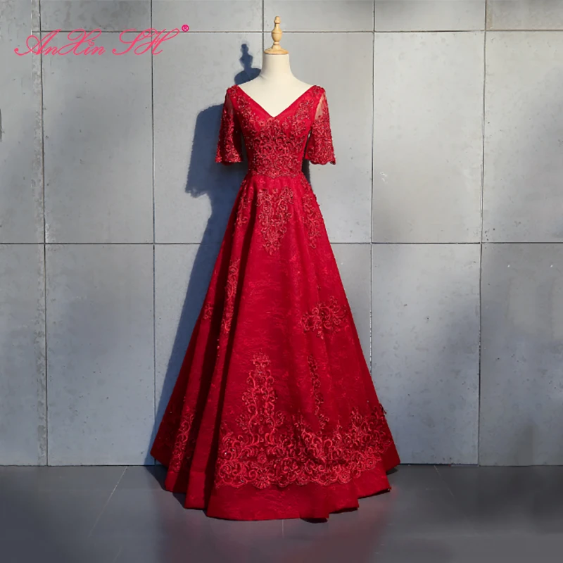 

AnXin SH princess wine red flower lace evening dress vintage party beading crystal v neck illusion sparkly bride evening dress