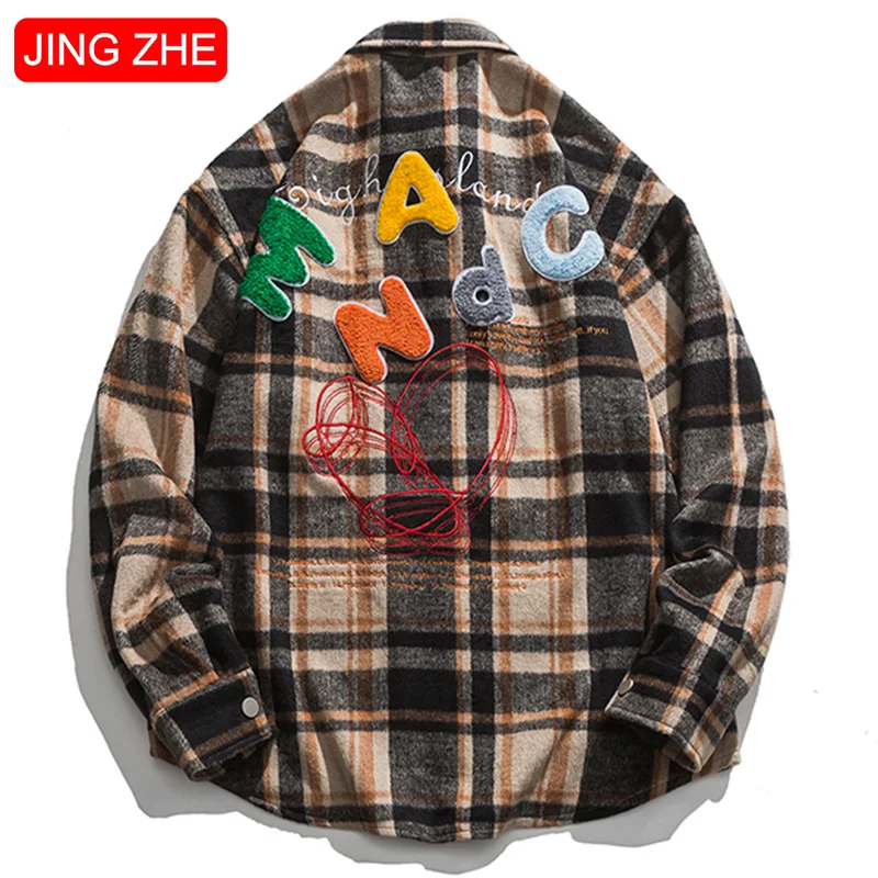 

JING ZHE Plaid Shirts For Men Clothing 2021 Autumn Long Sleeve Casual Shirts Vintage Harajuku Oversized Tops Coats Streetwear