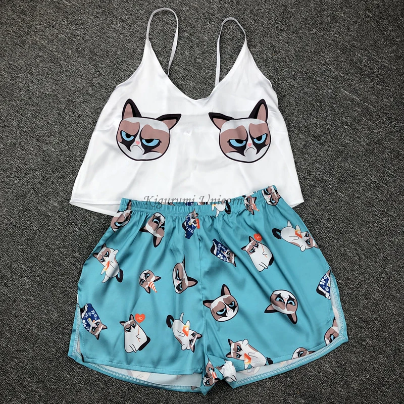 

Print Pajama Sets Pattern Women Pajamas Strap Sleeveless Sexy Sleepwear Set Female Summer Night Wear Home Suit kawaii pajama