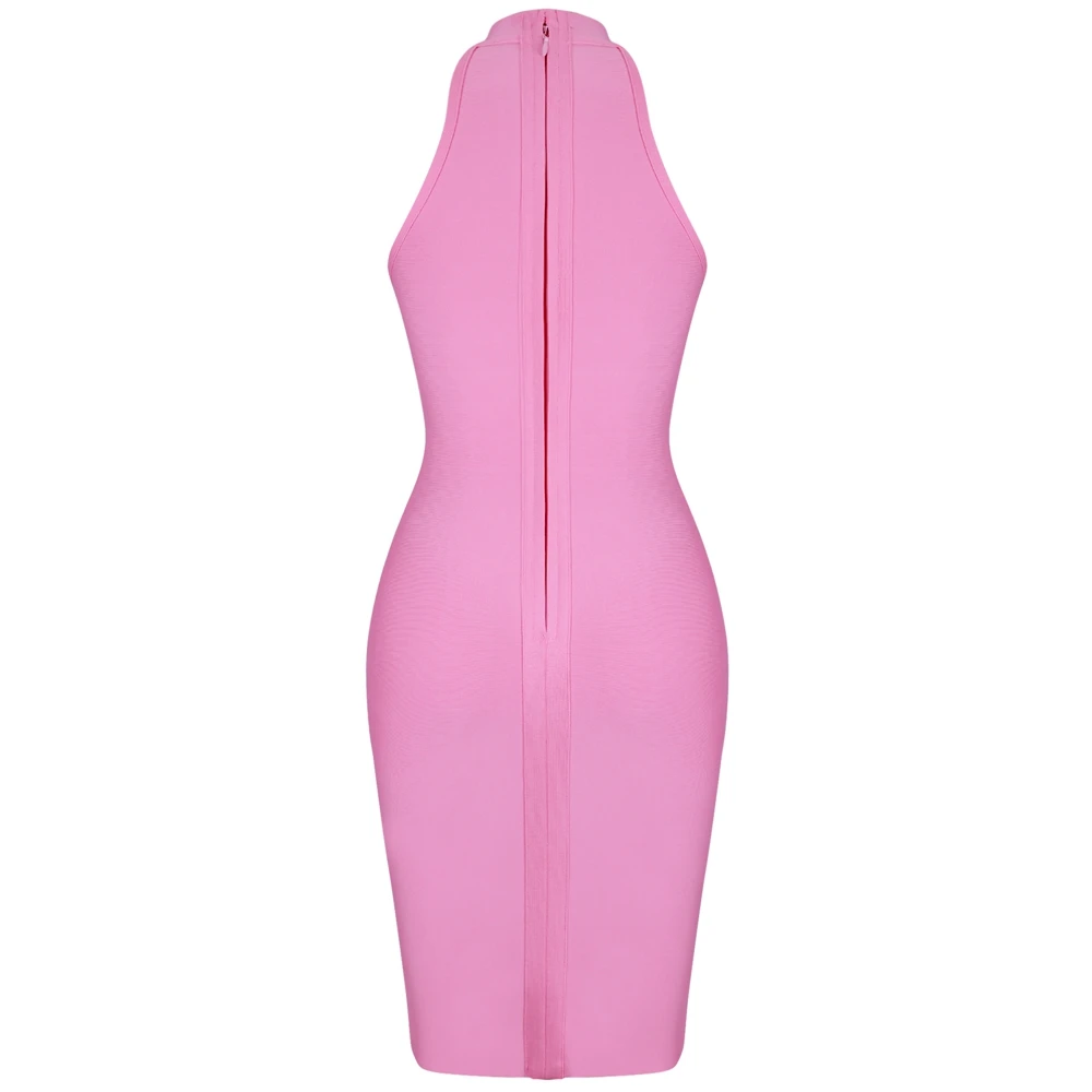 

Deer Lady Bandage Dress 2019 Summer Women Bodycon Bandage Evening Party Dress Pink Sleeveless Sexy Button Pencil Dress
