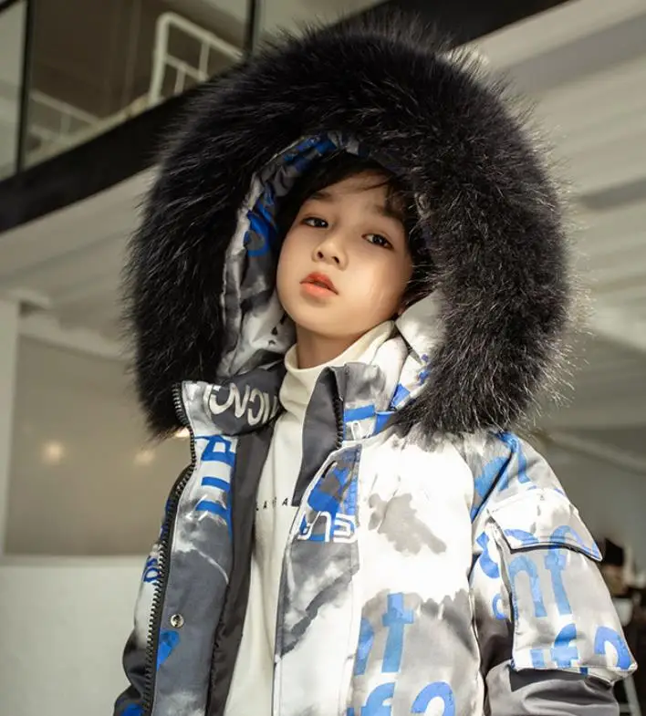 

Winter Overalls Children Thicker Warm Outerwear Coat Real Fur Collar Letter Graffiti Down Jacket Clothing For Boys Girls Y3656