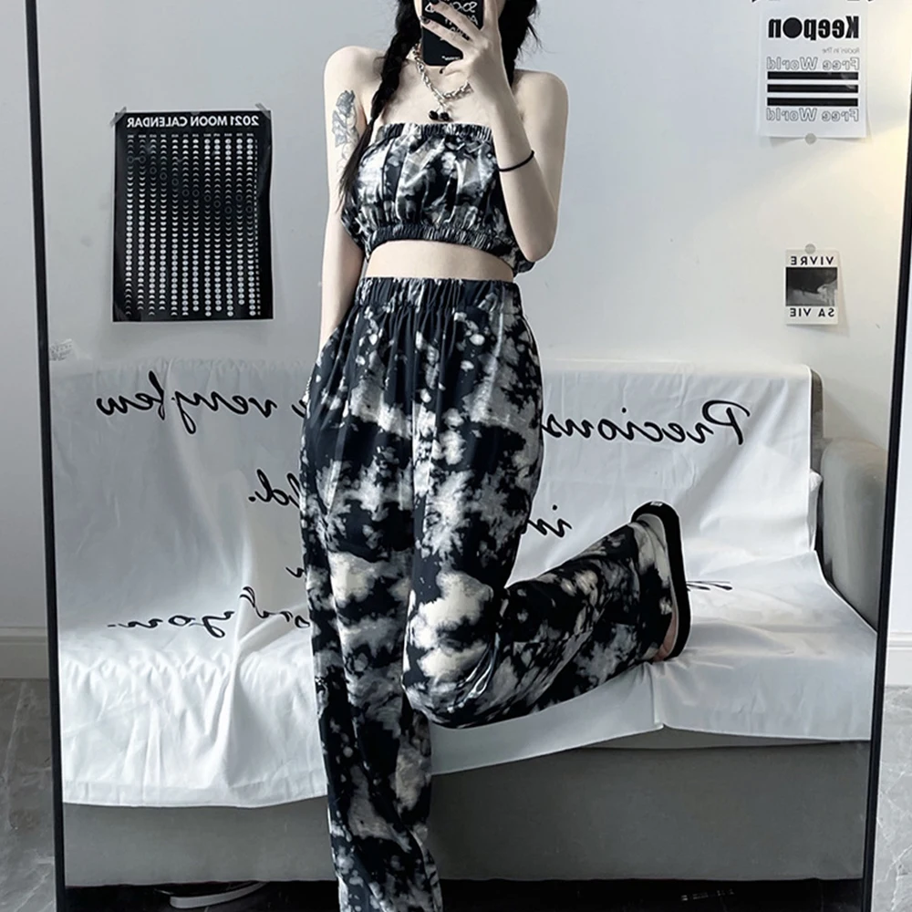 

Dark Icon Tie Dyeing Boob Tube Top with Pants Streetwear Women Sets