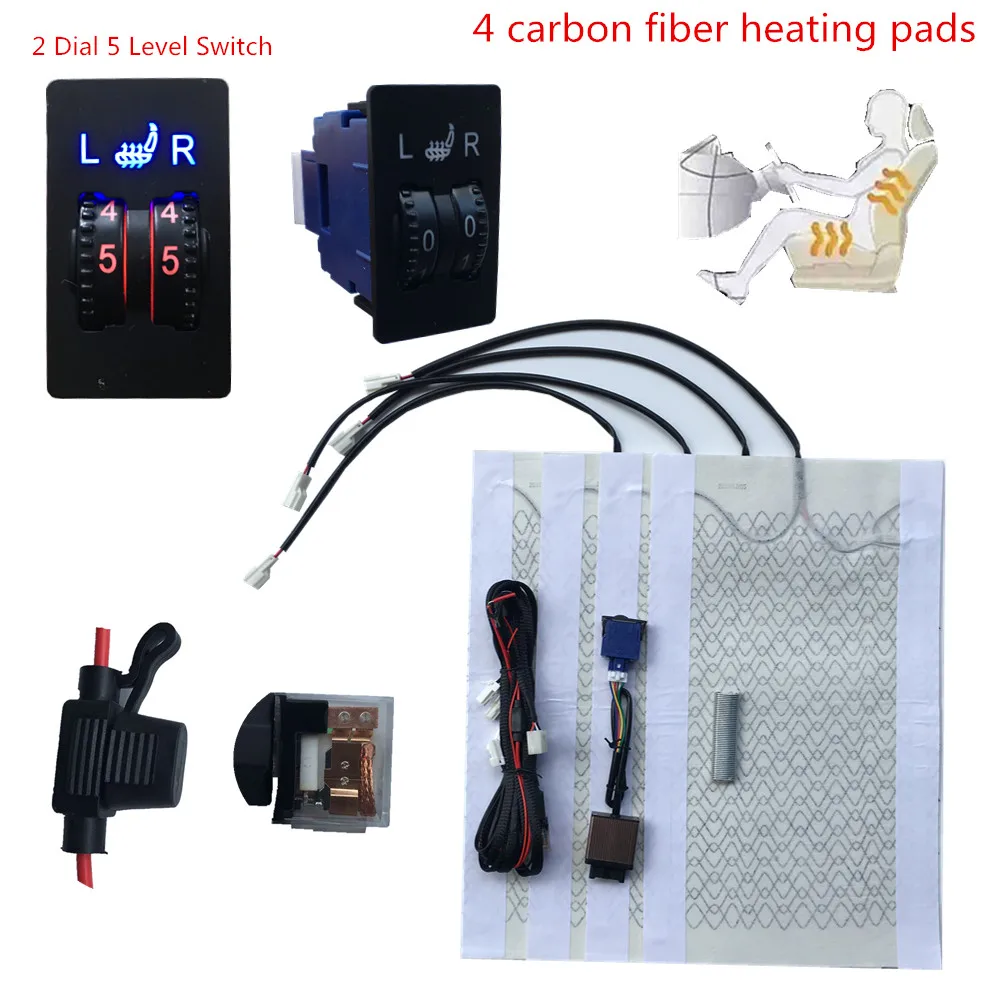 

Установлен на 2 места, 5-позиционный переключатель, универсальный автомобильный обогреватель сидений из углеродного волокна, 12 В, подушечки, зимние теплые чехлы на сиденья
