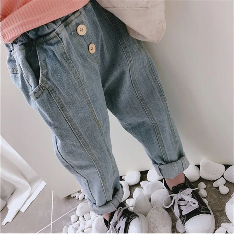 

WLG boys girls jeans kids spring autumn striped button denim blue jean baby casual all match trousers children