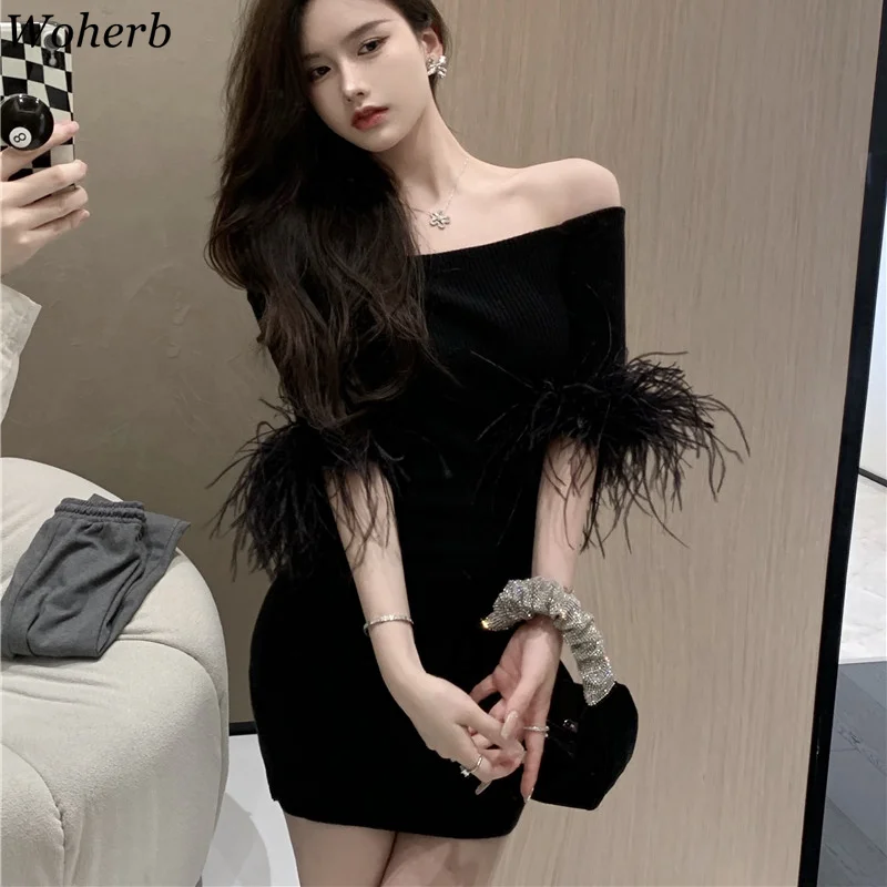 Сексуальное женское платье Woherb Осеннее черное шикарное Облегающее вязаное