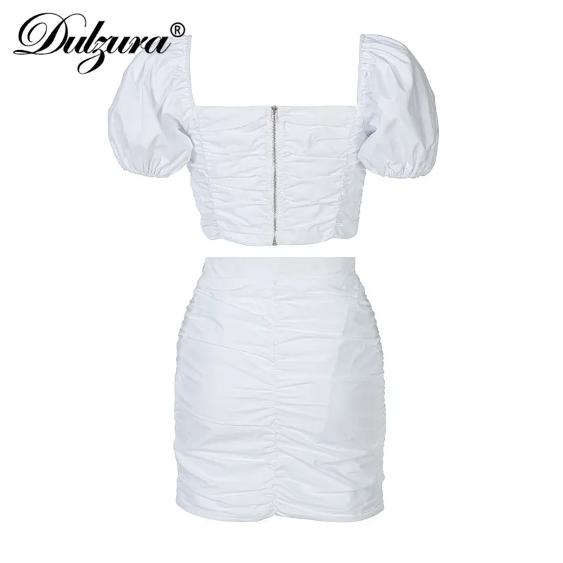 

Dulzura Ruched Women Two Piece Set Puff Sleeve Crop Top Zipper Mini Skirt Bodycon Sexy Streetwear Party Club 2021 Summer Solid