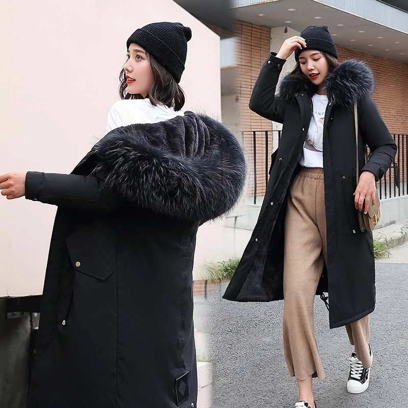4-Black Inner Женские парки зимняя куртка женские пальто с капюшоном меховой воротник теплая толстая подкладка с хлопковой подбивкой длинная парка куртка женские пальто - Цвет: 4-Black Inner