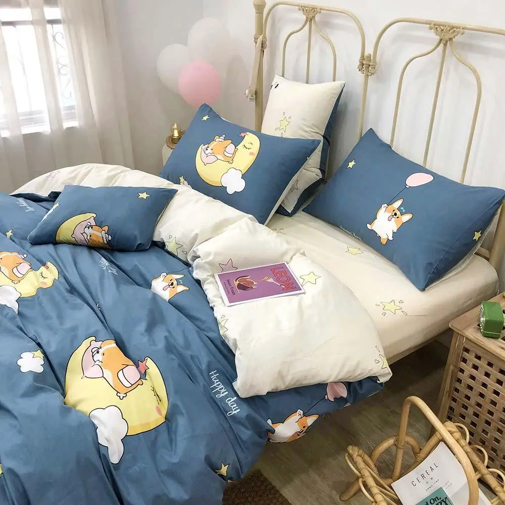 47 Cartoon Blue Corgi Moon Duvet Cover Set Kids Children Flat Sheet Cotton Bedlinens Twin Queen Bedding Sets Pillowcases | Дом и сад