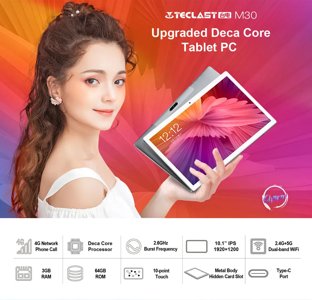 Teclast M30 10.1 Inch 4G Android 8.0 MT6797X( X27) 1.4GHz Decore CPU 3GB RAM 64GB ROM 5.0MP+2.0MP Type-C Phone Call Tablet PC