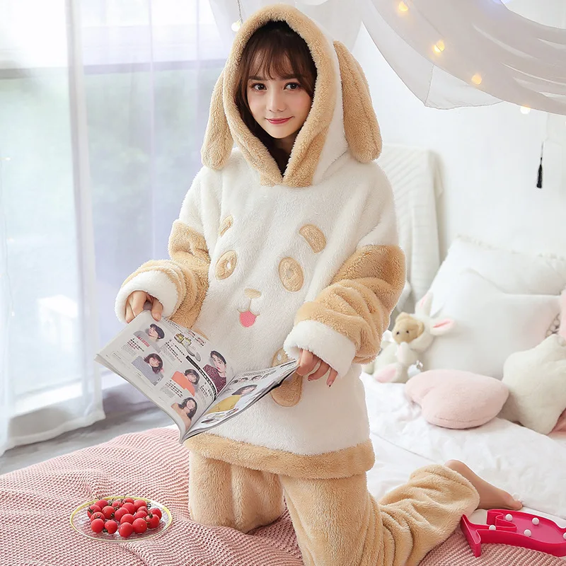 Коралловая флисовая фланель Пижама Mujer Для женщин из мультфильма пижамные комплекты одежда для сна Пижама с животными Для женщин Зимняя теплая ночная Пижама домашняя одежда