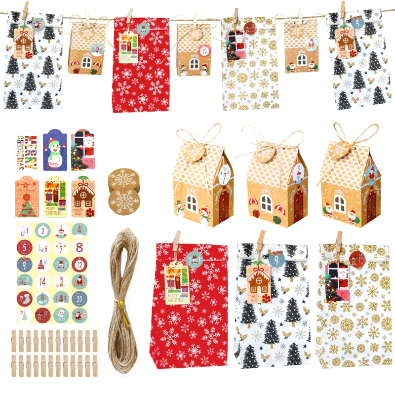 

24sets Christmas Gift Bag House Shape Kraft Paper Box Snowflake Xmas Tree New Year Party Favor Bag Advent Calendar Candy Box