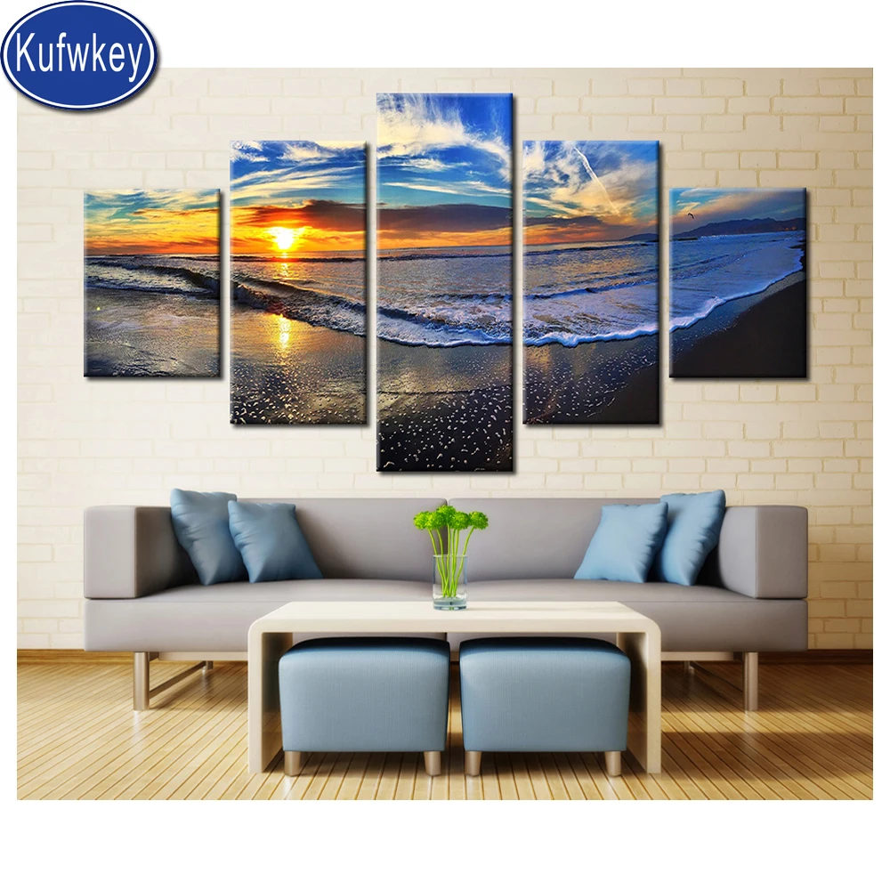 Закат Пляжный Пейзаж живопись 5d Сделай Сам алмазная камни в форме ромба круглыми