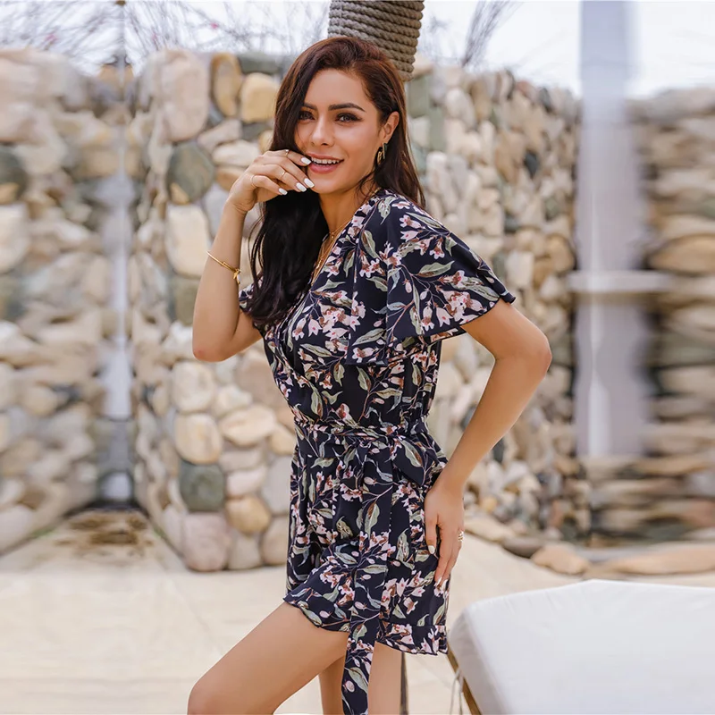

Playsuits For Ladies Spring Summer V Neck Flying Sleeve All Match Chic 2021 New Women's Playsuit With Waistband Big Floral Print