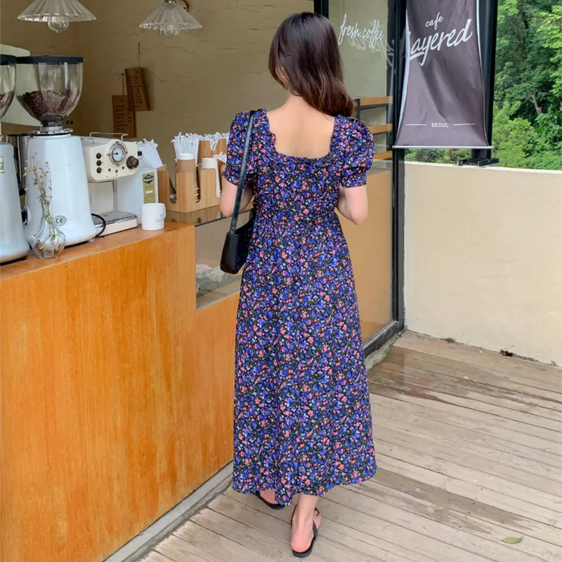 Женское платье с коротким рукавом Hzirip длинное квадратным вырезом и цветочным