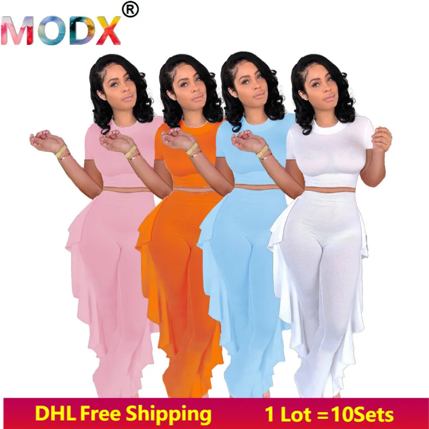 

Женский брючный костюм с оборками, Однотонная футболка с коротким рукавом и леггинсы, комплект из двух предметов, Осень-зима 5685