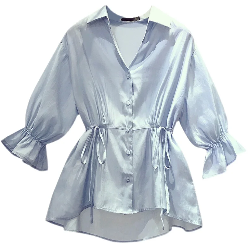 

Nkandby Chiffon Shirt Women Spring Summer V-neck Half Sleeve Korean Style Blouse Waist Banding Ruffle Top