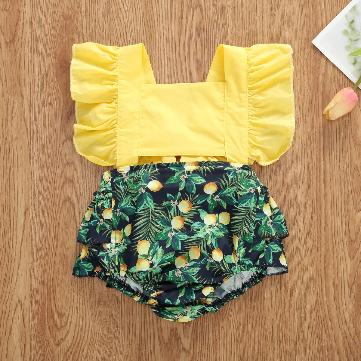 Baby Girl Summer Clothing Suits Short Flare Sleeve Jumpsuit Lemon Pineapple Flamingo Print Square Collar | Мать и ребенок